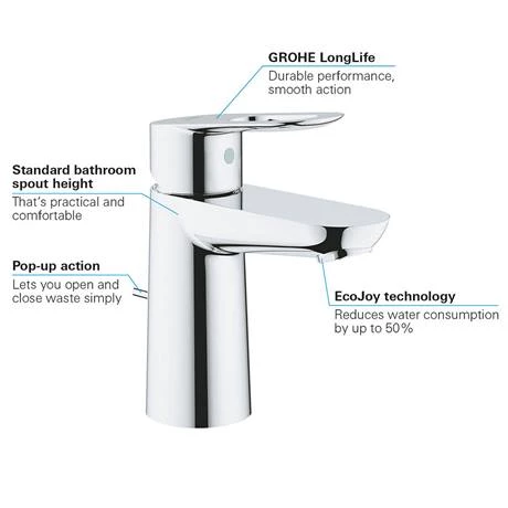 Grohe BauLoop S-Size Mono Basin Mixer with Pop-up Waste - 23335000 4 Grohe BauLoop S-Size Mono Basin Mixer with Pop-up Waste - 23335000 - Image 2