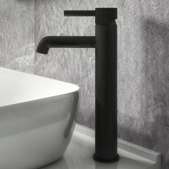 Arezzo Fluted Round Matt Black High Rise Mono Basin Mixer Tap