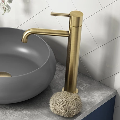Arezzo Round Brushed Brass High Rise Mono Basin Mixer Tap 2 Arezzo Round Brushed Brass High Rise Mono Basin Mixer Tap