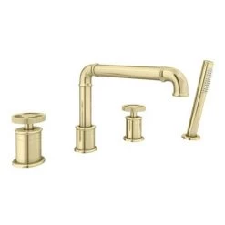 Arezzo Brushed Brass 4TH Industrial Style Deck Mounted Bath Shower Mixer inc. Pull Out Handset -Contemporary Taps Sales Store AZISBB04 d2 460