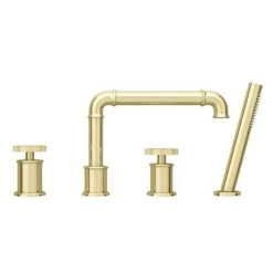 Arezzo Brushed Brass 4TH Industrial Style Deck Mounted Bath Shower Mixer inc. Pull Out Handset -Contemporary Taps Sales Store AZISBB04 d5 460