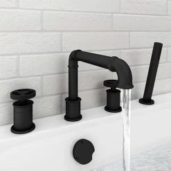 Arezzo Matt Black 4TH Industrial Style Deck Mounted Bath Shower Mixer inc. Pull Out Handset