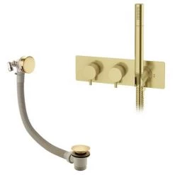 Arezzo Brushed Brass Round Concealed Thermostatic Shower Valve w. Handset + Freeflow Bath Filler -Contemporary Taps Sales Store AZSVHBBF n d5 460