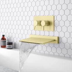 Arezzo Brushed Brass Wall Mounted Slimline Waterfall Bath Filler + Concealed Thermostatic Valve