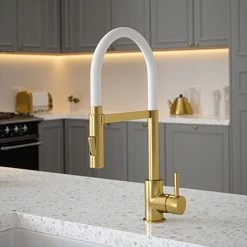 The Tap Factory Vibrance Tube Brushed Brass Kitchen Tap with Spray Function