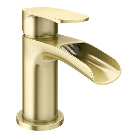 Valencia Brushed Brass Waterfall Basin Mixer Tap + Waste 3 Valencia Brushed Brass Waterfall Basin Mixer Tap + Waste